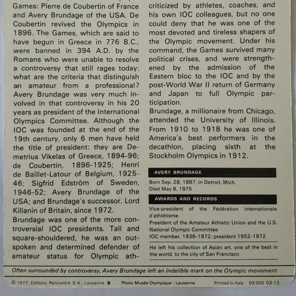 1977 SPORTSCASTER CARD BEYOND SPORTS AVERY BRUNDAGE - Picture 4 of 4